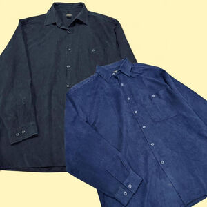 2 x Black & Navy Blue Faux Suede Men’s Button Up Shirt Vintage 90s TRUST Large